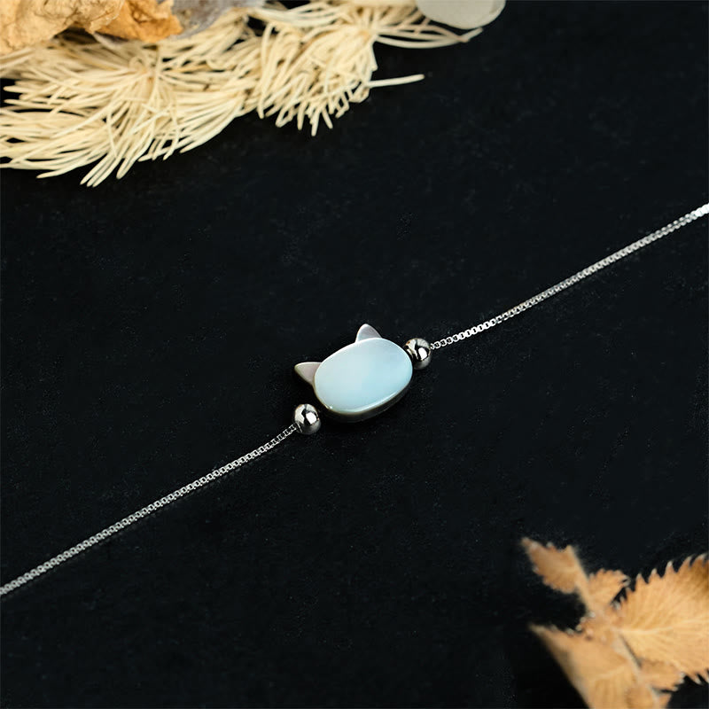 Buddha Stones Pulsera de cadena con bendición de cabeza de gato y piedra tridacna en plata de ley 925 - image 1