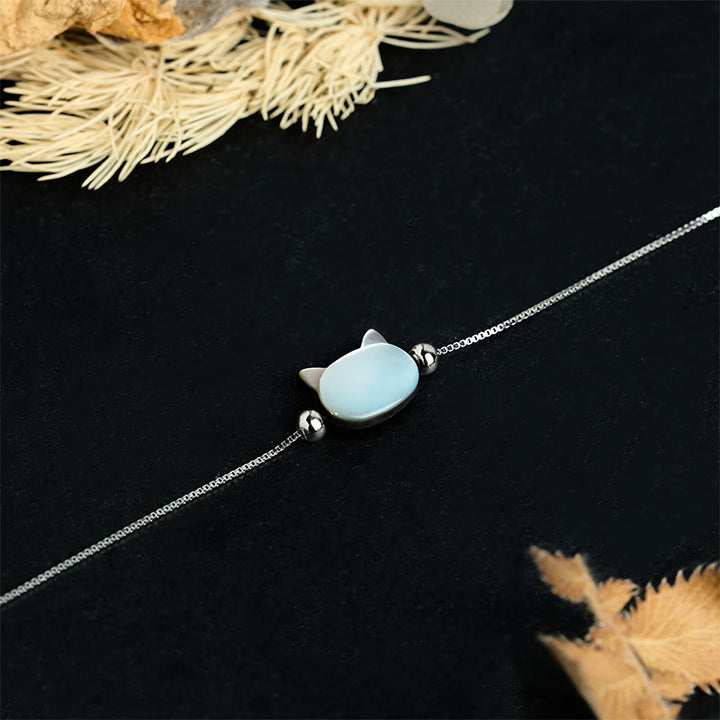 Buddha Stones Pulsera de cadena con bendición de cabeza de gato y piedra tridacna en plata de ley 925 - image 1