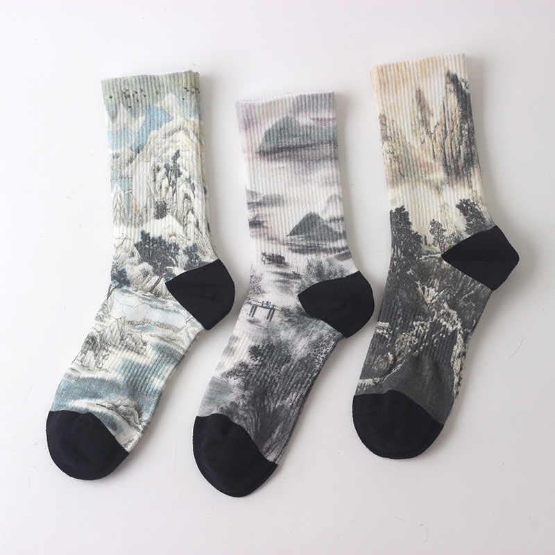 Calcetines unisex de tres pares con diseño de paisaje con pintura de tinta china y Buddha Stones para hombre y mujer - Tres pares de calcetines Color Splash - Talla única (EE. UU. 5,5–10, UE 37–42, UK/AU4 4-9, Asia 23,5-26,5 cm) - image 0