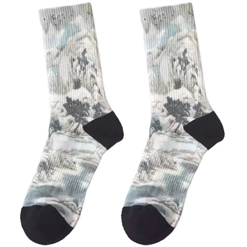 Calcetines unisex de tres pares con diseño de paisaje con pintura de tinta china y Buddha Stones para hombre y mujer - image 5