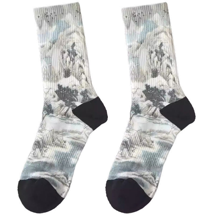 Calcetines unisex de tres pares con diseño de paisaje con pintura de tinta china y Buddha Stones para hombre y mujer - image 5