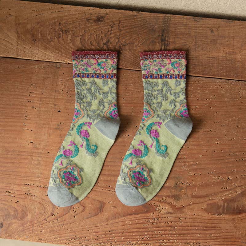 Calcetines de algodón para mujer con estampado floral retro en relieve de Buddha Stones - Verde claro - Talla única (US4. 4-9, UE 34-39, UK/ AU 2,5-6, Asia 22-24,5 cm) - image 1