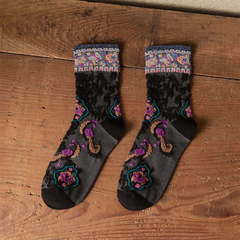 Calcetines de algodón para mujer con estampado floral retro en relieve de Buddha Stones - Negro - Talla única (US4. 4-9, UE 34-39, UK/ AU 2,5-6, Asia 22-24,5 cm) - image 4