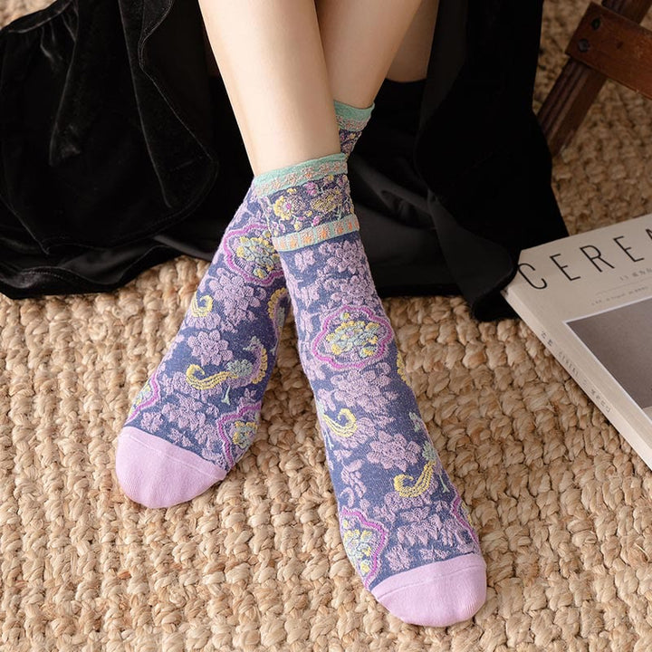 Calcetines de algodón para mujer con estampado floral retro en relieve de Buddha Stones - image 14