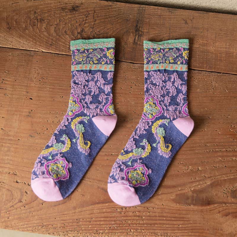 Calcetines de algodón para mujer con estampado floral retro en relieve de Buddha Stones - Azul pizarra - Talla única (US4. 4-9, UE 34-39, UK/ AU 2,5-6, Asia 22-24,5 cm) - image 10