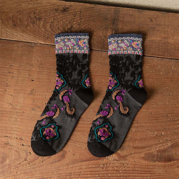 Calcetines de algodón para mujer con estampado floral retro en relieve de Buddha Stones - Negro - Talla única (US4. 4-9, UE 34-39, UK/ 2,5-6, Asia 22-24,5 cm) - image 4