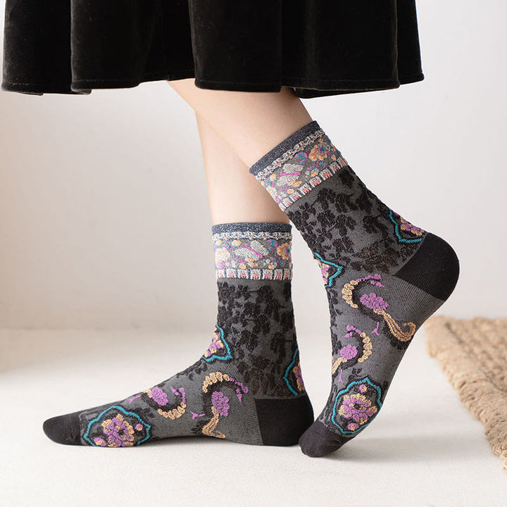 Calcetines de algodón para mujer con estampado floral retro en relieve de Buddha Stones - image 5
