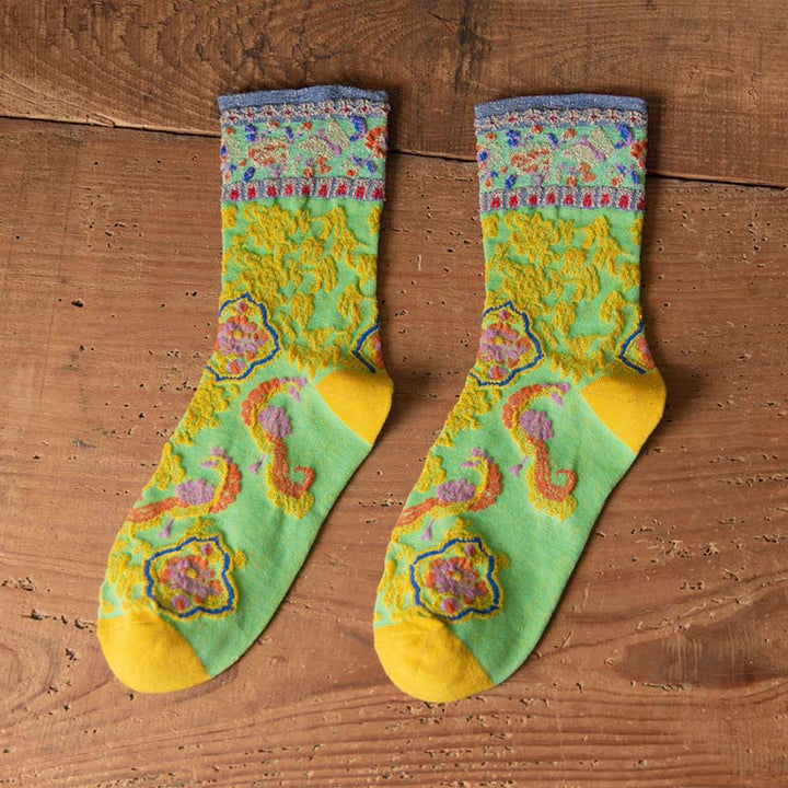 Calcetines de algodón para mujer con estampado floral retro en relieve de Buddha Stones - Primavera verde - Talla única (US4. 4-9, UE 34-39, UK/ AU 2,5-6, Asia 22-24,5 cm) - image 16