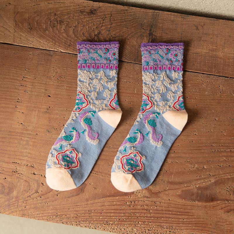 Calcetines de algodón para mujer con estampado floral retro en relieve de Buddha Stones - Azul acero claro - Talla única (US4. 4-9, UE 34-39, UK/ AU 2,5-6, Asia 22-24,5 cm) - image 17