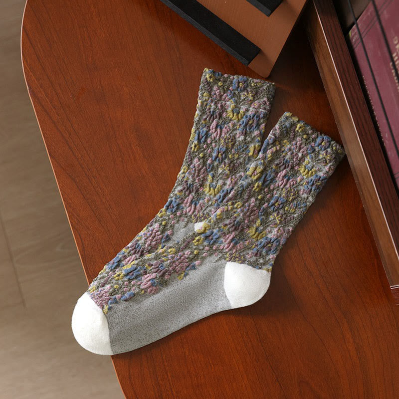 Calcetines de algodón para mujer con textura étnica y estampado floral de Buddha Stones - Blanco - Talla única (US4. 4-9, UE 34-39, UK/ 2,5-6, Asia 22-24,5 cm) - image 10