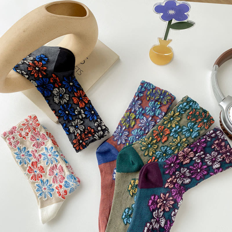 Calcetines de algodón para mujer con diseño floral texturizado étnico y colores contrastantes de Buddha Stones - image 17