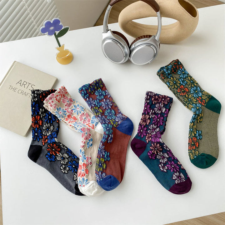 Calcetines de algodón para mujer con diseño floral texturizado étnico y colores contrastantes de Buddha Stones - image 20