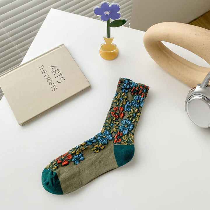 Calcetines de algodón para mujer con diseño floral texturizado étnico y colores contrastantes de Buddha Stones - Verde mar oscuro - Talla única (US4. 4-9, UE 34-39, UK/ AU 2,5-6, Asia 22-24,5 cm) - image 11