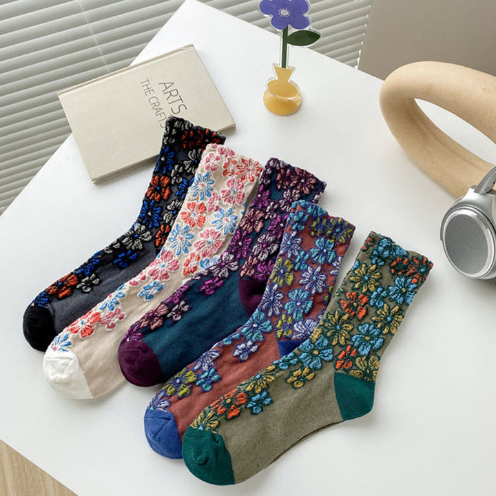 Calcetines de algodón para mujer con diseño floral texturizado étnico y colores contrastantes de Buddha Stones - image 16