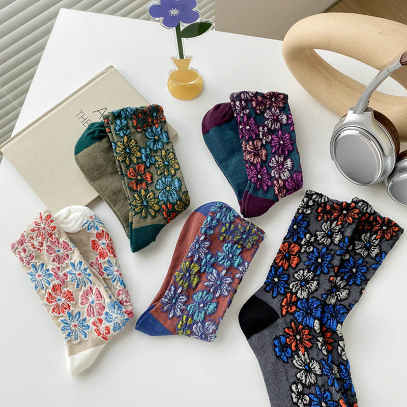 Calcetines de algodón para mujer con diseño floral texturizado étnico y colores contrastantes de Buddha Stones - image 23