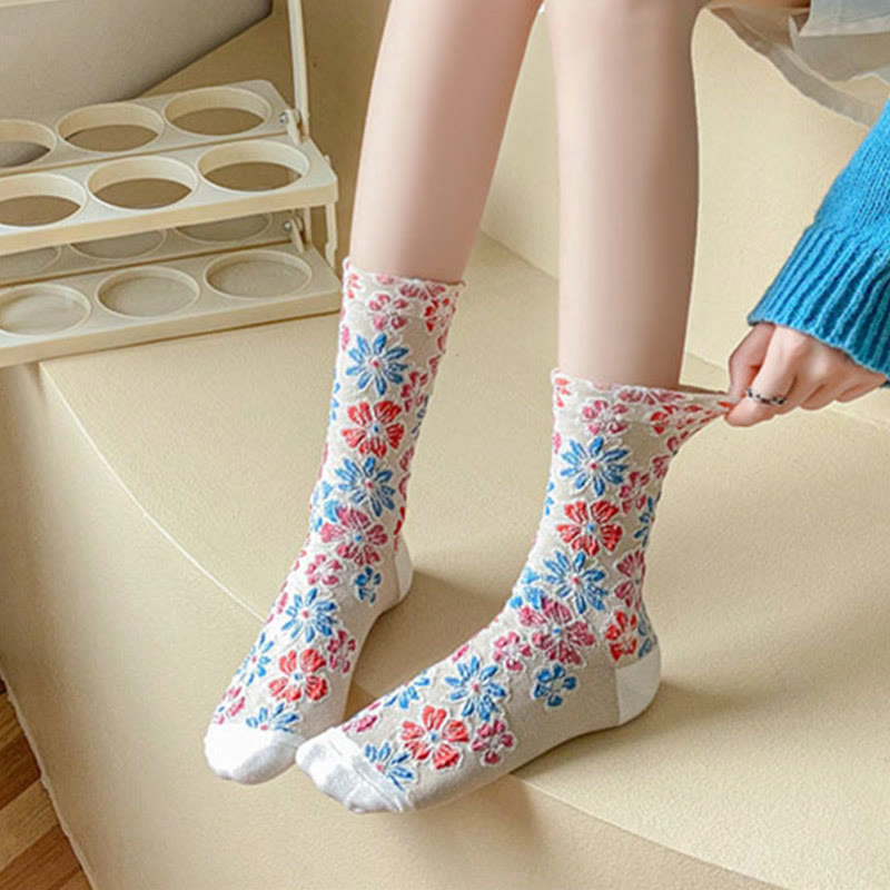 Calcetines de algodón para mujer con diseño floral texturizado étnico y colores contrastantes de Buddha Stones - image 9