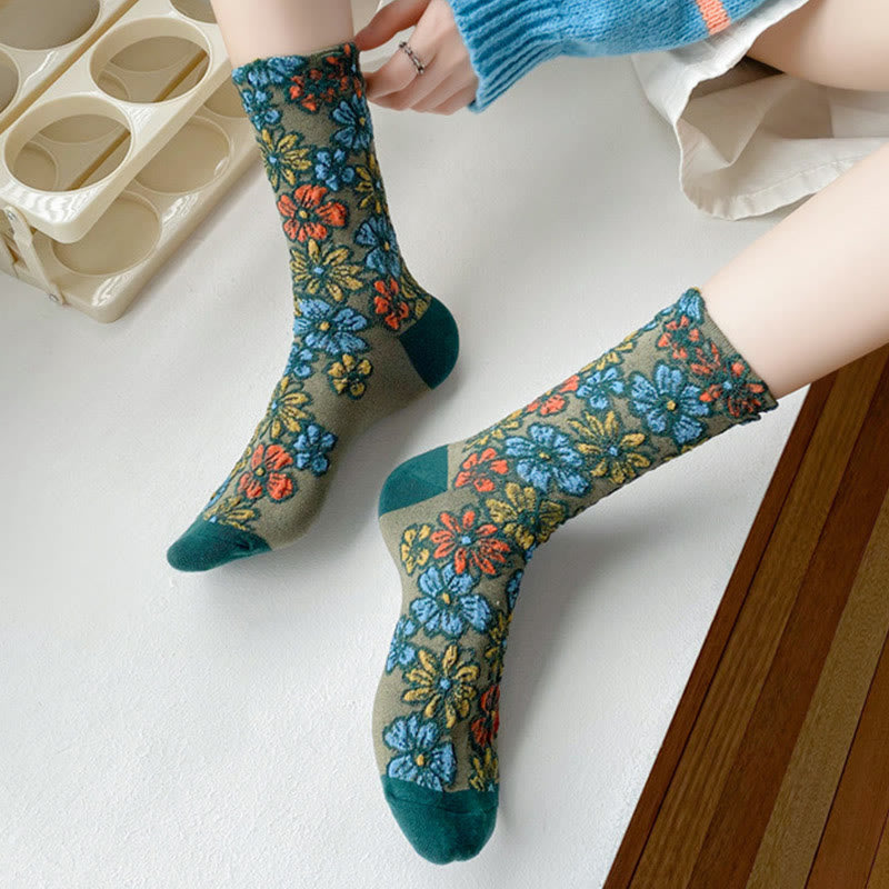 Calcetines de algodón para mujer con diseño floral texturizado étnico y colores contrastantes de Buddha Stones - image 14
