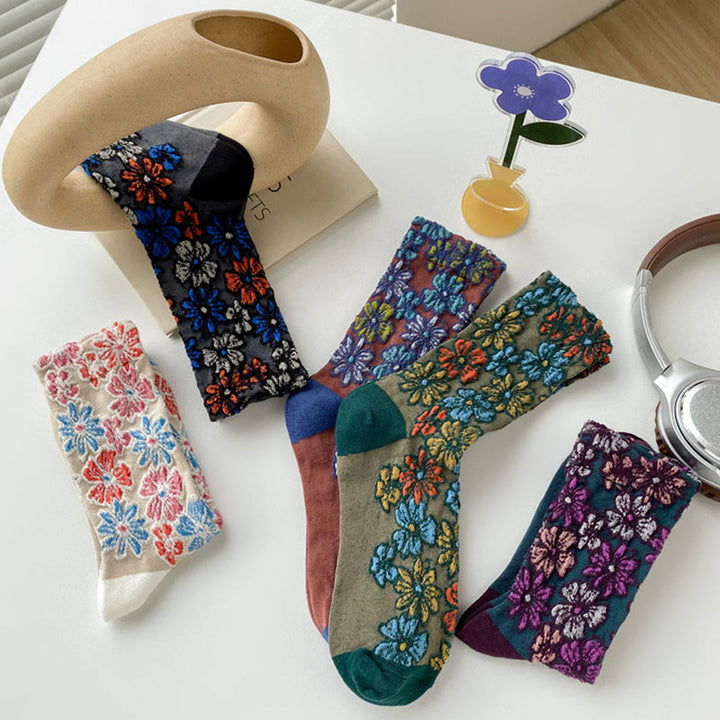 Calcetines de algodón para mujer con diseño floral texturizado étnico y colores contrastantes de Buddha Stones - image 21