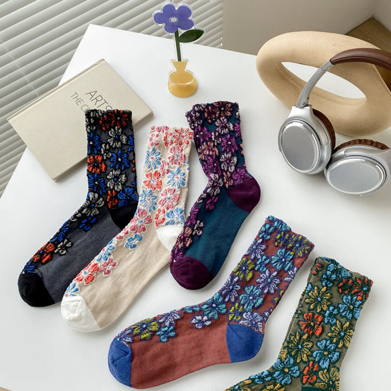 Calcetines de algodón para mujer con diseño floral texturizado étnico y colores contrastantes de Buddha Stones - image 19