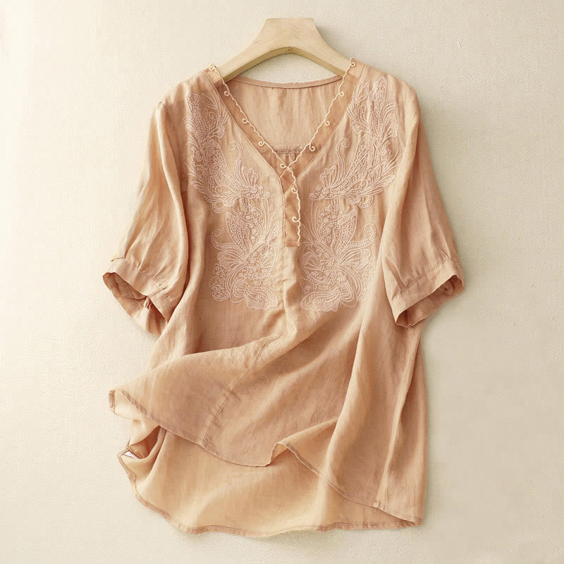 Camisa de media manga con cuello en V y mariposa de Buddha Stones para mujer - BurlyWood - US14，UK/AU18，EU46 (2XL) - image 3