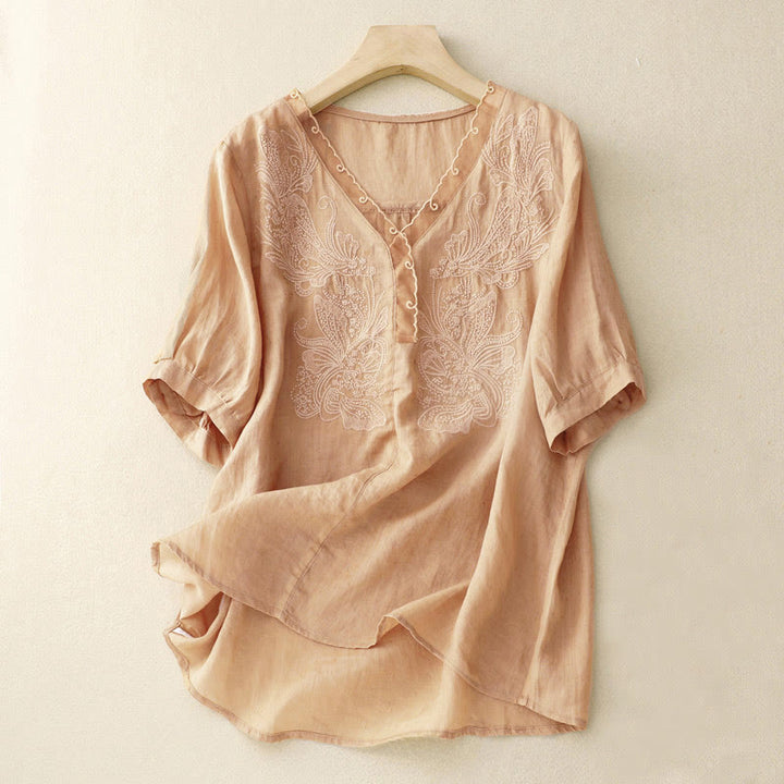 Camisa de media manga con cuello en V y mariposa de Buddha Stones para mujer - BurlyWood - US14，UK/AU18，EU46 (2XL) - image 3