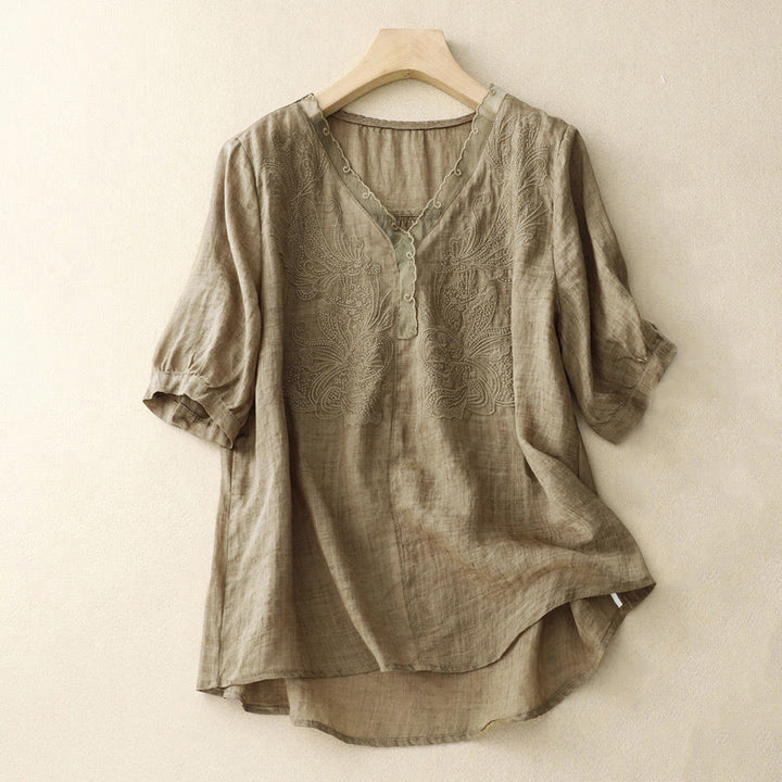 Camisa de media manga con cuello en V y mariposa de Buddha Stones para mujer - Broncearse - US14，UK/AU18，EU46 (2XL) - image 11