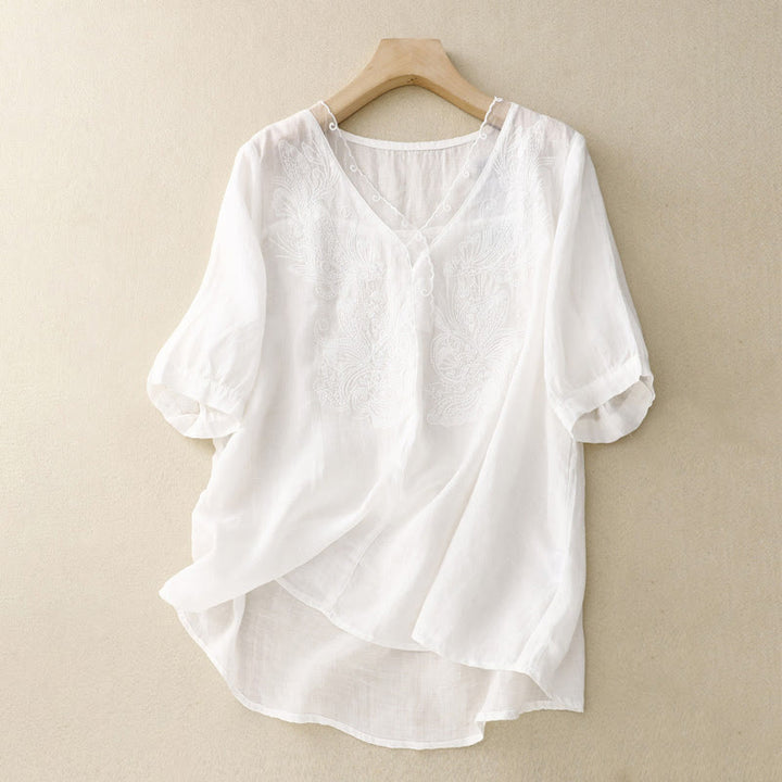 Camisa de media manga con cuello en V y mariposa de Buddha Stones para mujer - Blanco - US14，UK/AU18，EU46 (2XL) - image 6