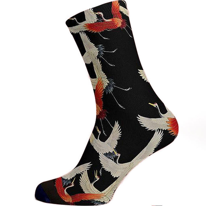 Calcetines unisex con diseño de grullas blancas y rojas de Buddha Stones para hombre y mujer - Negro - Talla única (US. 5-12, EU 37-45, UK/AU 4,5-11,5, Asia 23,5-28,5 cm) - image 0