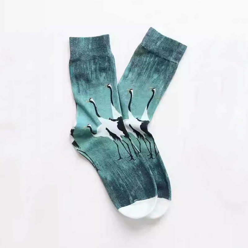 Calcetines informales de algodón con diseño de grulla blanca y Buddha Stones para mujer - image 1