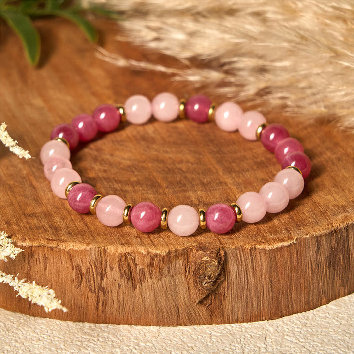 Pulsera de cuentas de cristal rosa de cuarzo fresa con Buddha Stones y amor positivo - image 1
