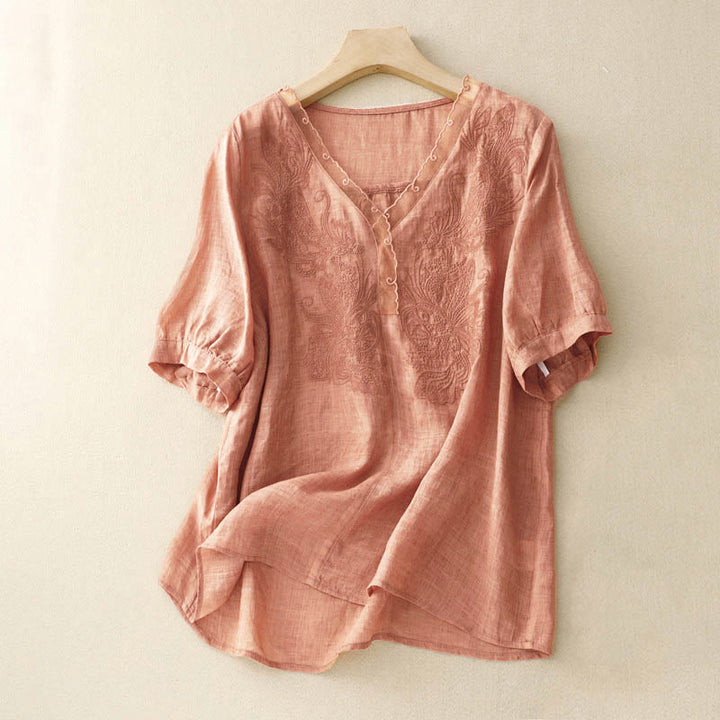 Camisa de media manga con cuello en V y mariposa de Buddha Stones para mujer - SandyBrown - US14，UK/AU18，EU46 (2XL) - image 0