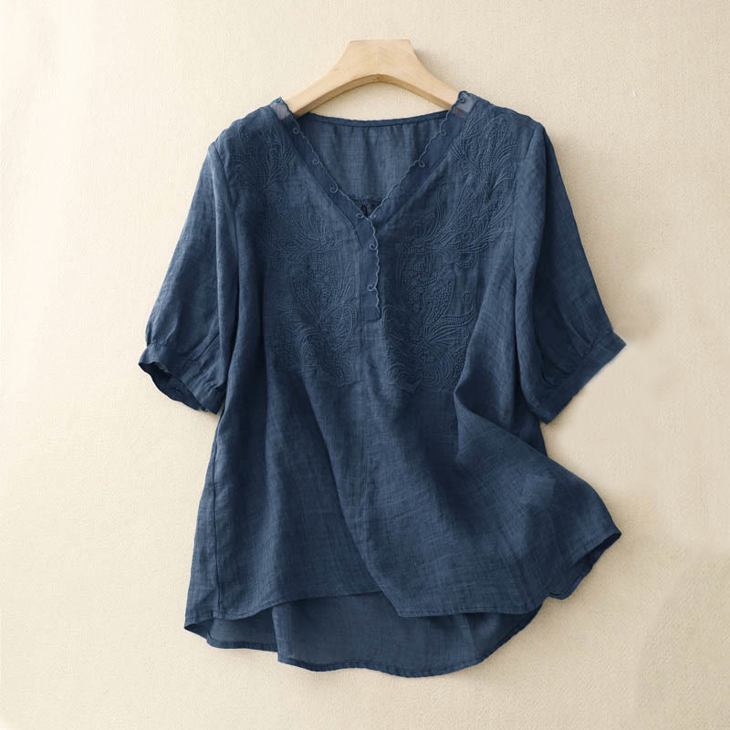 Camisa de media manga con cuello en V y mariposa de Buddha Stones para mujer - Azul acero - US14，UK/AU18，EU46 (2XL) - image 16