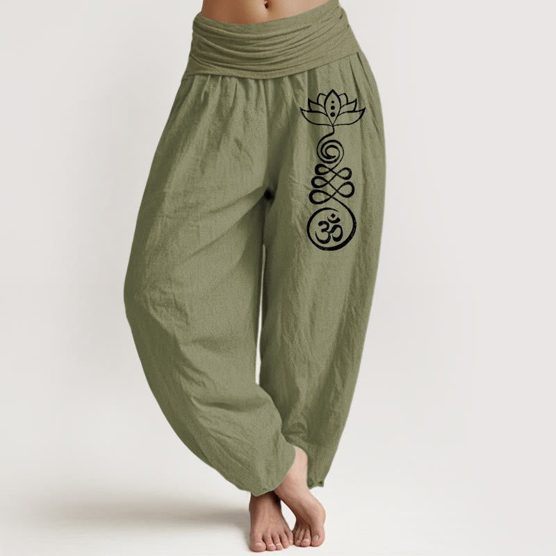Pantalones harén de algodón con cintura elástica para mujer, con estampado de loto y Buddha Stones - Verde oliva - US22，UK/AU26，EU54 (6XL) - image 0