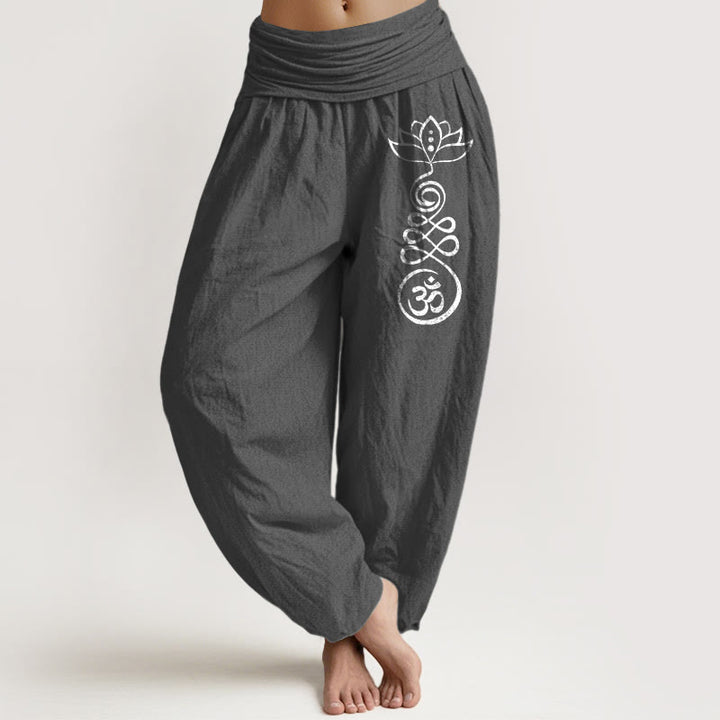 Pantalones harén de algodón con cintura elástica para mujer, con estampado de loto y Buddha Stones - Gris tenue - US22，UK/AU26，EU54 (6XL) - image 11