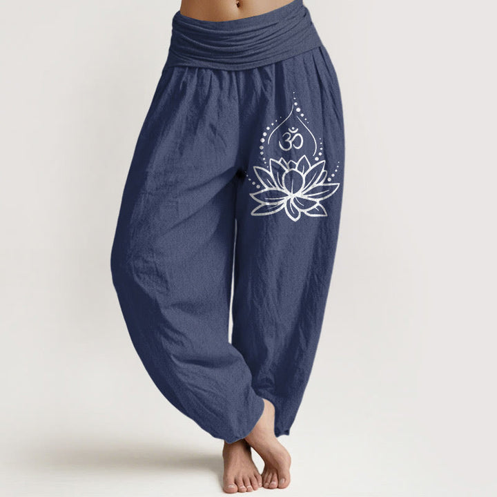 Pantalones harén de algodón con cintura elástica para mujer, con estampado de símbolo Om y loto floreciente de Buddha Stones - Azul pizarra oscuro - US22，UK/AU26，EU54 (6XL) - image 0