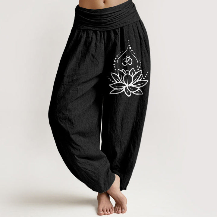 Pantalones harén de algodón con cintura elástica para mujer, con estampado de símbolo Om y loto floreciente de Buddha Stones - Negro - US22，UK/AU26，EU54 (6XL) - image 5