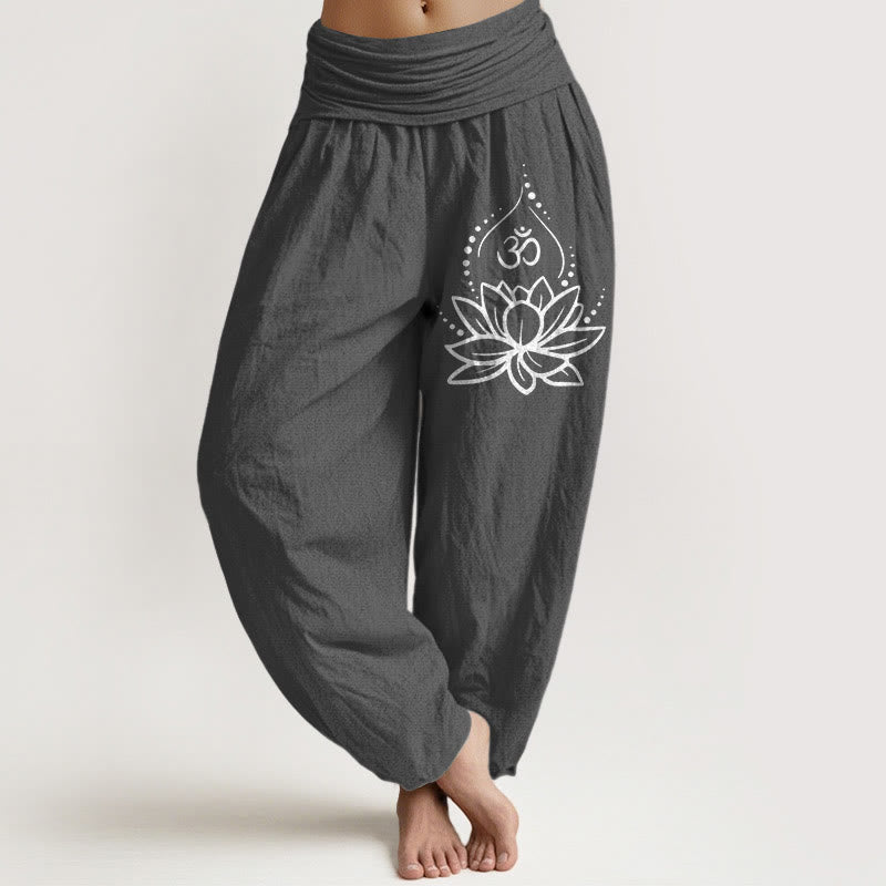 Pantalones harén de algodón con cintura elástica para mujer, con estampado de símbolo Om y loto floreciente de Buddha Stones - Gris oscuro - US22，UK/AU26，EU54 (6XL) - image 8
