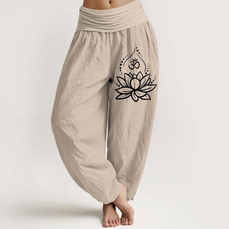 Pantalones harén de algodón con cintura elástica para mujer, con estampado de símbolo Om y loto floreciente de Buddha Stones - Broncearse - US22，UK/AU26，EU54 (6XL) - image 11