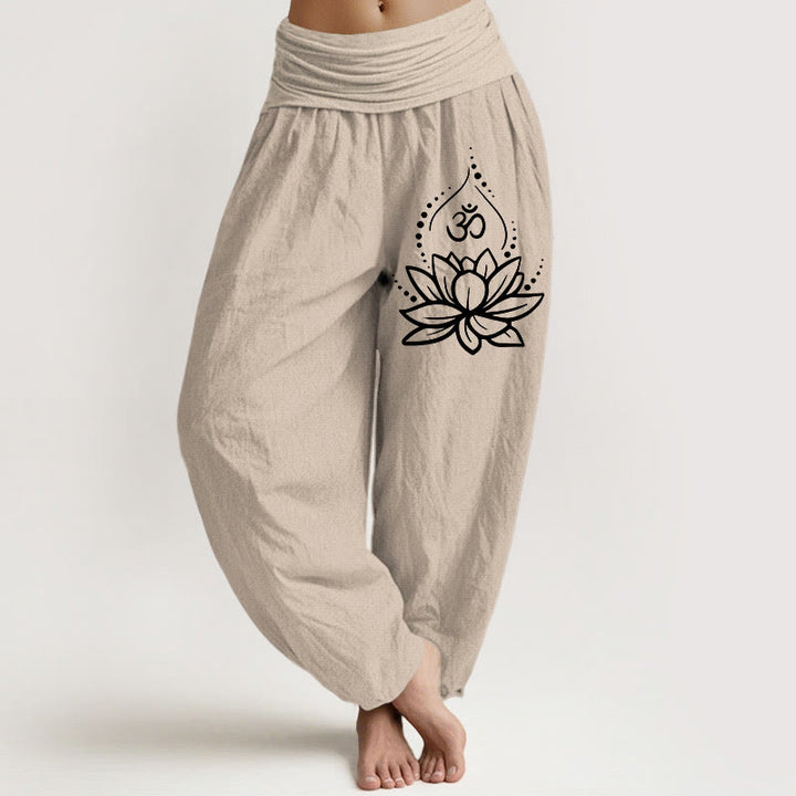 Pantalones harén de algodón con cintura elástica para mujer, con estampado de símbolo Om y loto floreciente de Buddha Stones - Broncearse - US22，UK/AU26，EU54 (6XL) - image 11