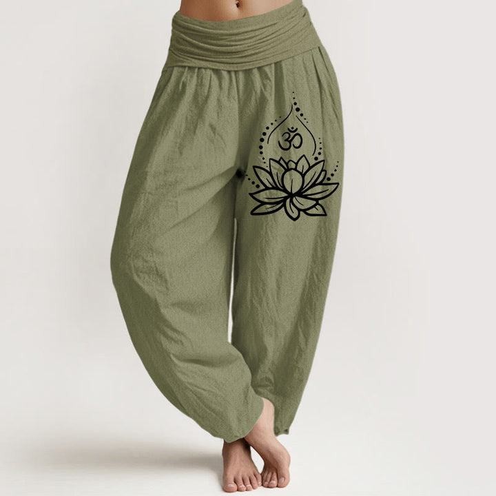 Pantalones harén de algodón con cintura elástica para mujer, con estampado de símbolo Om y loto floreciente de Buddha Stones - Verde oliva - US22，UK/AU26，EU54 (6XL) - image 14