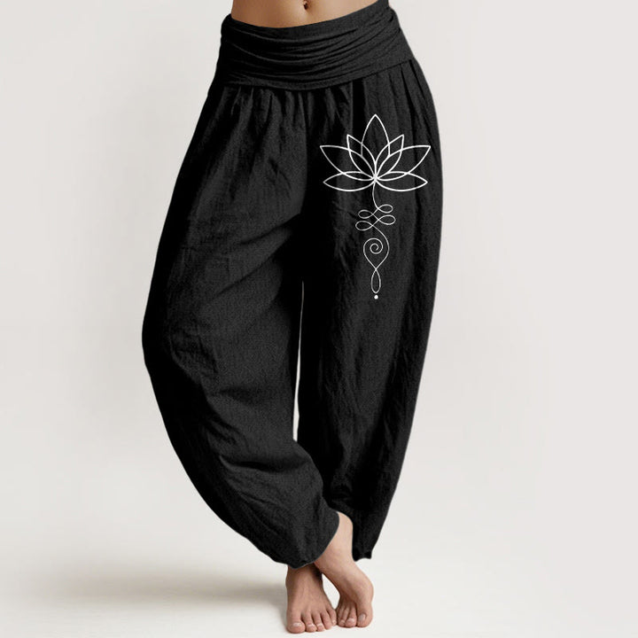 Pantalones harén de algodón puro con cintura elástica para mujer, con estampado de símbolo de loto y Buddha Stones - Negro - US22，UK/AU26，EU54 (6XL) - image 5