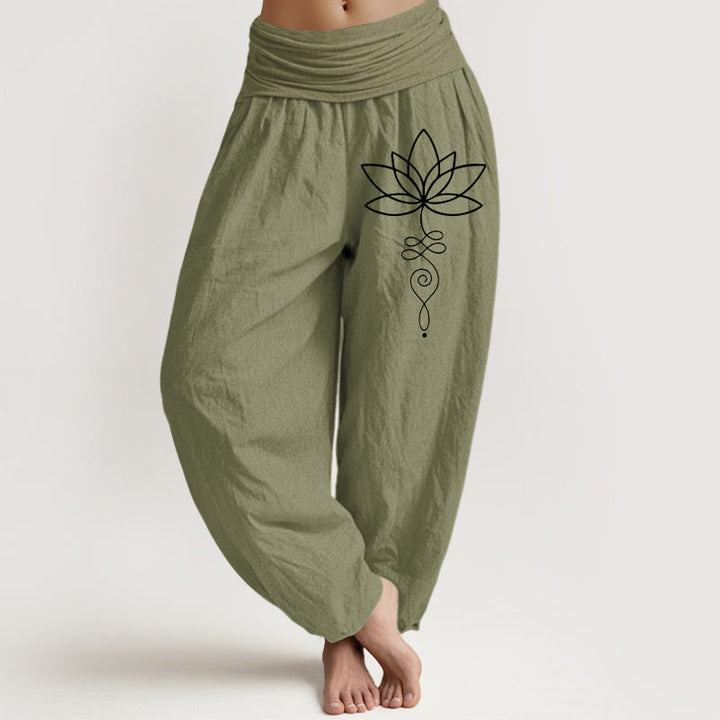 Pantalones harén de algodón puro con cintura elástica para mujer, con estampado de símbolo de loto y Buddha Stones - Verde oliva - US22，UK/AU26，EU54 (6XL) - image 14