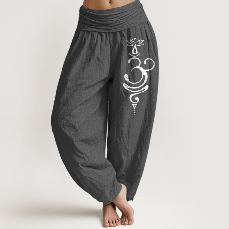 Pantalones harén de algodón puro con cintura elástica para mujer, estampado de símbolo de Unalome, flor de loto y Buddha Stones - Gris oscuro - US22，UK/AU26，EU54 (6XL) - image 0
