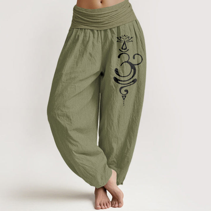 Pantalones harén de algodón puro con cintura elástica para mujer, estampado de símbolo de Unalome, flor de loto y Buddha Stones - Verde oliva - US22，UK/AU26，EU54 (6XL) - image 14