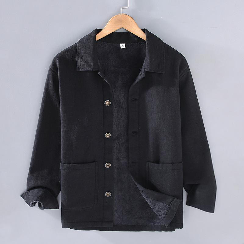 Chaqueta térmica de manga larga Buddha Stones para hombre, de lino y ramio, con forro polar y bolsillos. - Negro - US/UK/AU42, EU52 (3XL) - image 11