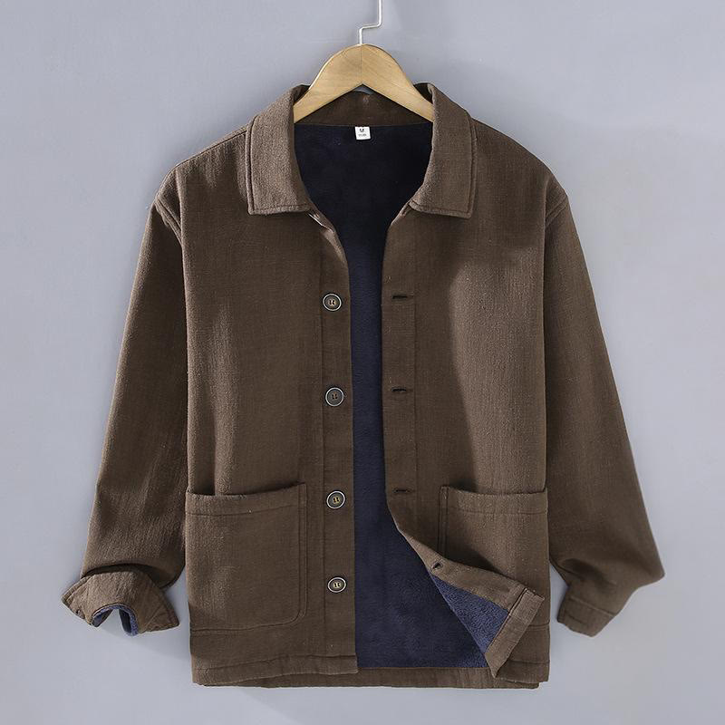 Chaqueta térmica de manga larga Buddha Stones para hombre, de lino y ramio, con forro polar y bolsillos. - SaddleBrown - US/UK/AU42, EU52 (3XL) - image 14