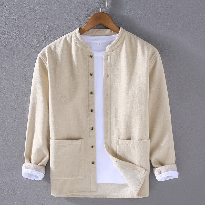 Chaqueta térmica de manga larga con cuello alto, forrada de felpa y de ramio-algodón con bolsillos para hombre de Buddha Stones. - Beige - US/UK/AU42, EU52 (3XL) - image 4
