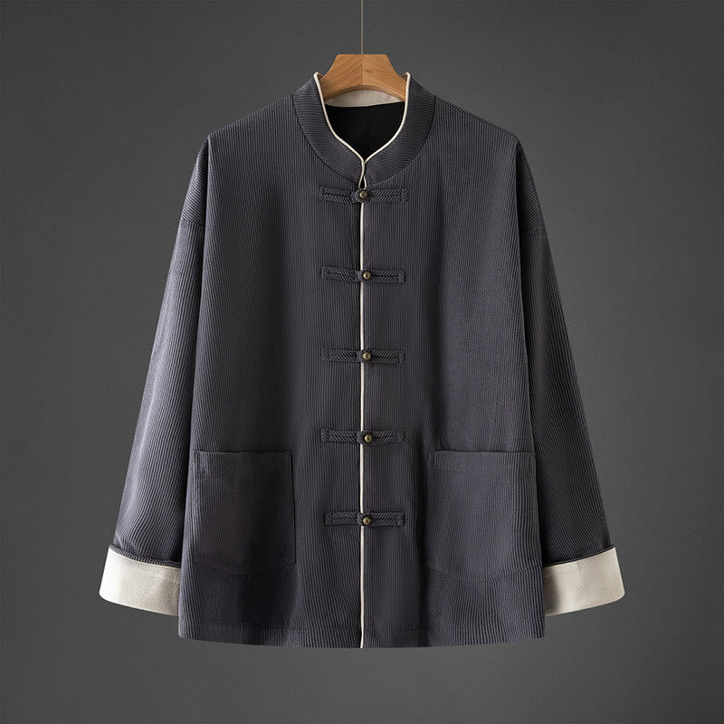 Chaqueta de algodón de manga larga con cuello mandarín y botones de rana para hombre de Buddha Stones, traje Tang con bolsillos - Gris pizarra - US/UK/AU46, EU56 (5XL) - image 0