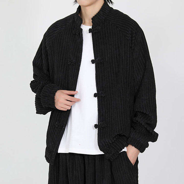 Chaqueta de pana de algodón de manga larga con botones de rana y bolsillos para hombre de Buddha Stones - image 3