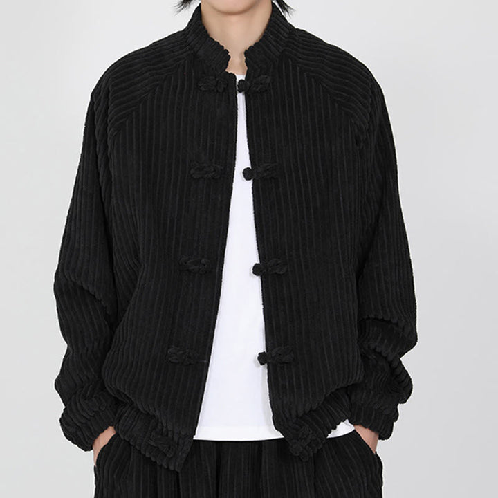 Chaqueta de pana de algodón de manga larga con botones de rana y bolsillos para hombre de Buddha Stones - image 1